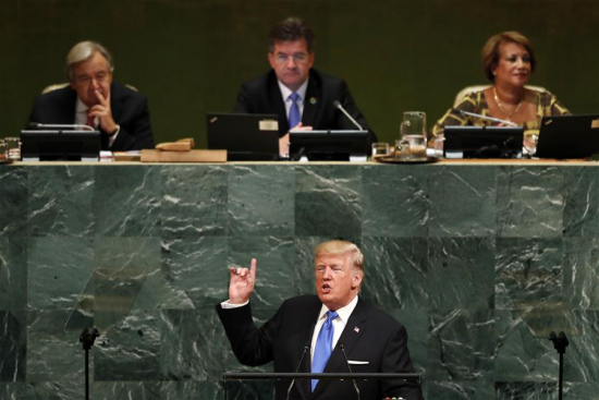 U.S. President Donald Trump speaks during the general debate of the 72nd session of the United Nations General Assembly, at the UN headquarters in New York, Sept. 19, 2017. (Xinhua/Li Muzi) U.S. President Donald Trump speaks during the general debate of the 72nd session of the United Nations General Assembly, at the UN headquarters in New York, Sept. 19, 2017. (Xinhua/Li Muzi)