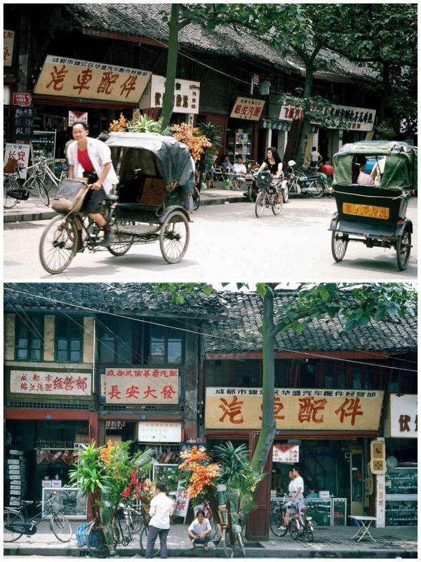 Older Chengdu streets 1994 (Photo by Bruce Connolly/chinadaily.com.cn)
After several hours, the watershed was reached - rivers would flow toward the Yangtze instead of previously the Yellow River basin. The first of its two locomotives was detached before the train started on a long overnight descent toward Chengdu. Arriving at 6.45 am it was sadly “goodbye” to fellow passengers before heading down Renmin Road to find the Tibet Hotel. Time for a shower, breakfast and rest before starting to discover the city.
Last year, 2017, I retraced that journey from Chengdu on train T8 back to Beijing. Green coaches, with a dining car serving up spicy Sichuan cuisine with cold drinks, it was daylight all the way to Baoji. The scenery breathtaking, enhanced by extensive fields of yellow maturing crops. A truly stunning journey that also revealed the ongoing work toward completion of the Chengdu -Xi’an high-speed railway. The illustrations of the Baocheng Line are from that journey that still retained some of the feelings of my earlier excursion now 24 years previously.