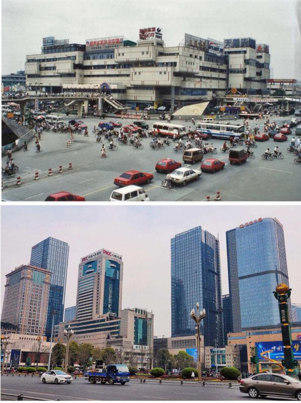 Chengdu modernity 1994 and 2017 (Photo by Bruce Connolly/chinadaily.com.cn)
Near the temple, a metro station facilitated smooth access to Tianfu Square which I had previously visited in 1994. Overlooked by Chengdu’s iconic statue of Chairman Mao Zedong, I gazed around at how commercial architecture had changed so much over a quarter century into the contemporary face of Sichuan’s capital. However something had not changed - the bicycles flowing along Renmin West Road except that today they were mostly shared bikes.
The riverside cafes I had visited so long ago have disappeared but nearby sits a modern development I have frequently praised. The Taikooli complex combines traditional Chengdu architecture with contemporary design, so creating an excellent example of a lifestyle experience encompassing retail, dining and hotel in a traffic free environment easily accessed by metro.
Last spring, 2017, I had arrived by high-speed train from Chongqing to Chengdu\'s large, recently completed East Station before transferring by metro toward the Tibet Hotel. From there back in 1994 I checked out, traveling onward by bus to Leshan, embarking on a lengthy river journey down to Wuhan. In 2017, I left that same hotel walking up Renmin Road to board train T8 on a journey of rediscovery back up the same line I travelled on a quarter century previously.