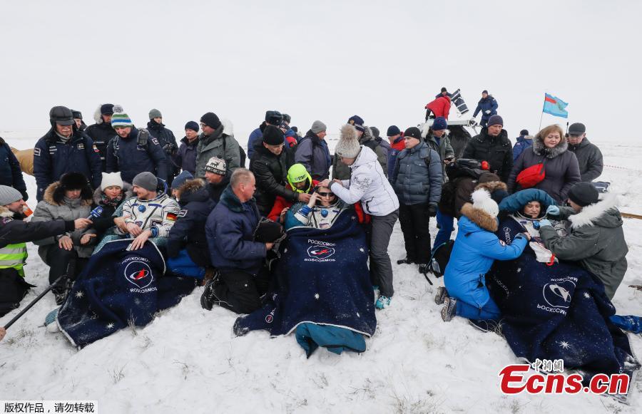 The International Space Station (ISS) crew members Serena Aunon-Chancellor of the U.S., Alexander Gerst of Germany and Sergey Prokopyev of Russia rest after the landing of the Soyuz MS-09 capsule in a remote area near the town of Zhezkazgan, formerly known as Dzhezkazgan, Kazakhstan, Dec. 20, 2018. Soyuz MS-09 with its three-person crew returned to Earth after more than 6 months in orbit on the International Space Station. The Soyuz MS-09 vehicle rose to high public profile in August when a hole that resulted in a small atmospheric leak aboard the Station was discovered in its Orbital Module. (Photo/Agencies)
